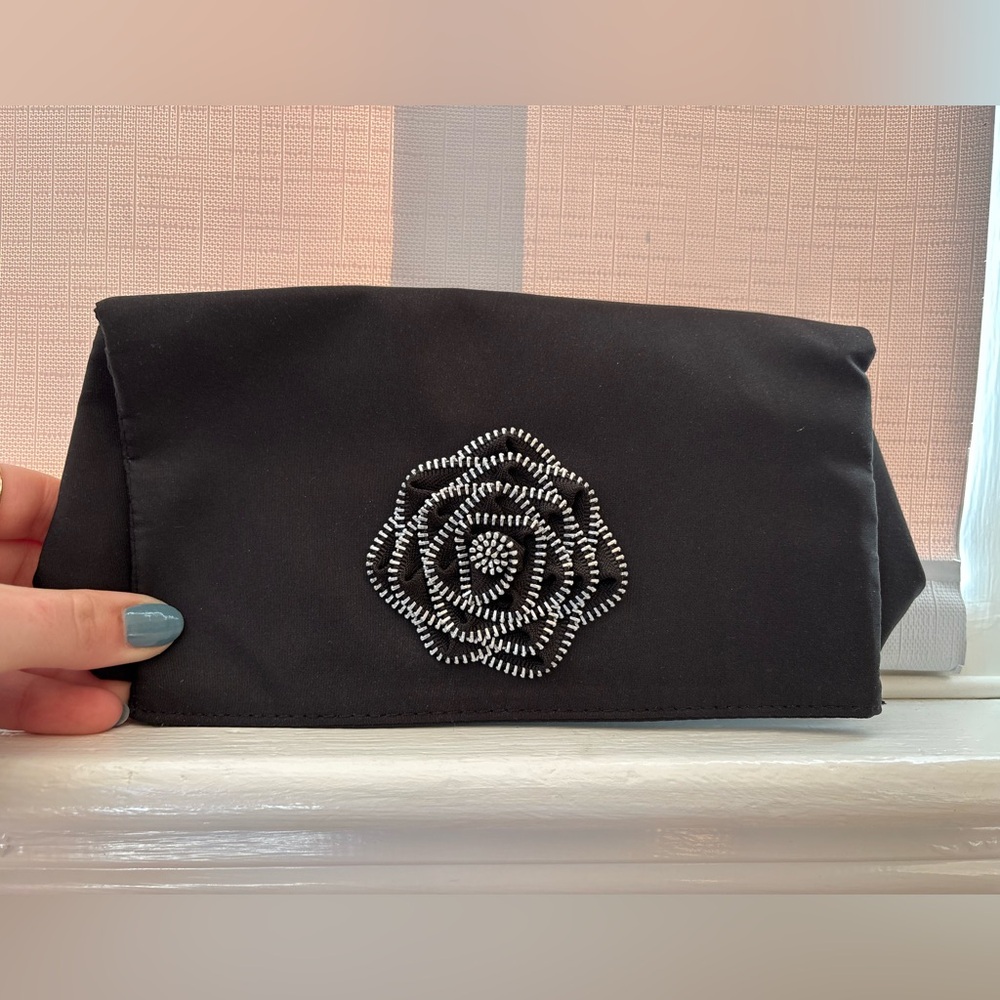 Vintage Y2K Lancôme Black Clutch with Floral Embellishment